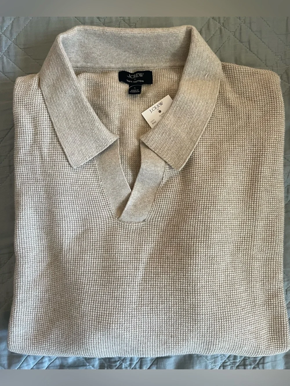 J. CREW Cotton waffle johnny-collar sweater-polo in Heather Stone L NWD $115